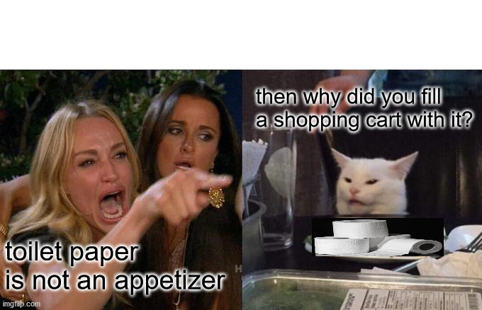 TP Is Keto | then why did you fill a shopping cart with it? toilet paper is not an appetizer | image tagged in memes,woman yelling at cat,toilet paper | made w/ Imgflip meme maker