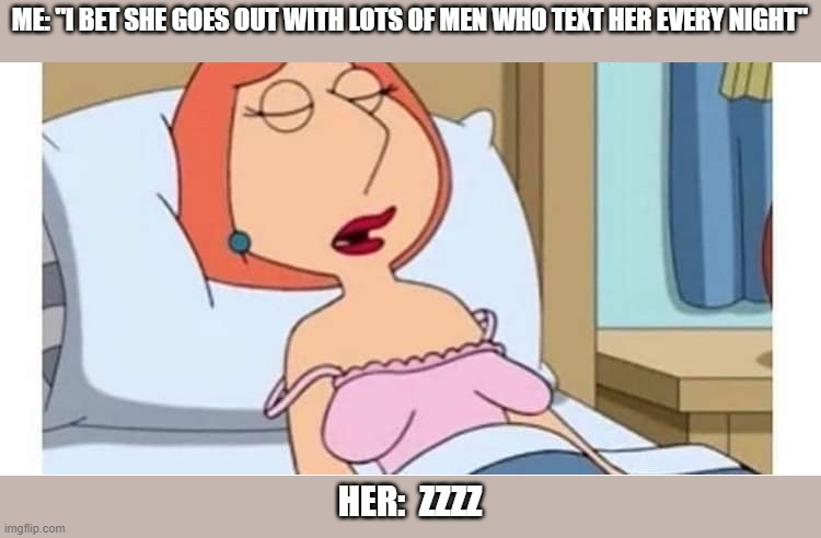 popular women | ME: "I BET SHE GOES OUT WITH LOTS OF MEN WHO TEXT HER EVERY NIGHT"; HER:  ZZZZ | image tagged in popular women,staying home,false hype | made w/ Imgflip meme maker
