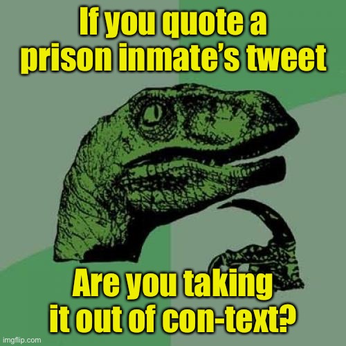 Philosoraptor Meme | If you quote a prison inmate’s tweet; Are you taking it out of con-text? | image tagged in memes,philosoraptor,text,twitter | made w/ Imgflip meme maker