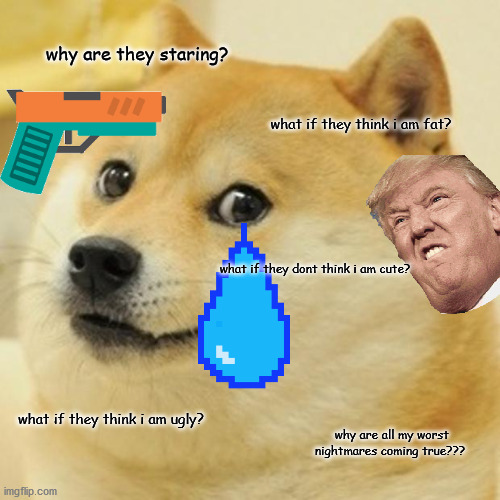 Doge Meme | why are they staring? what if they think i am fat? what if they dont think i am cute? what if they think i am ugly? why are all my worst nightmares coming true??? | image tagged in memes,doge | made w/ Imgflip meme maker