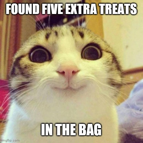 Smiling Cat | FOUND FIVE EXTRA TREATS; IN THE BAG | image tagged in memes,smiling cat | made w/ Imgflip meme maker