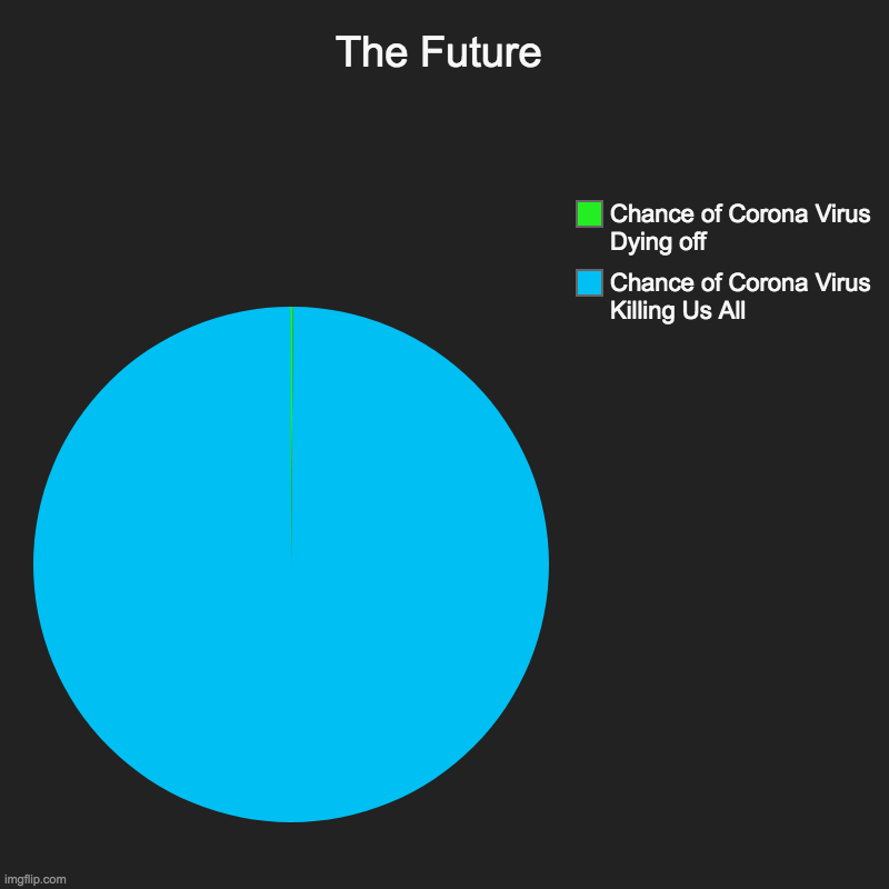 The Future | Chance of Corona Virus Killing Us All, Chance of Corona Virus Dying off | image tagged in charts,pie charts | made w/ Imgflip chart maker