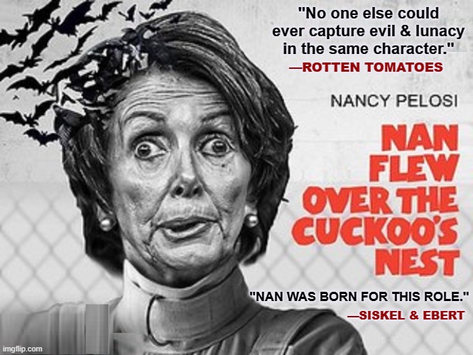 Nancy Pelosi's Greatest Role: HERSELF | "No one else could ever capture evil & lunacy in the same character."; —ROTTEN TOMATOES; "NAN WAS BORN FOR THIS ROLE."; —SISKEL & EBERT | image tagged in vince vance,jack nicholson,nancy pelosi,ken kesey,one flew over the cuckoo's nest,rotten tomatoes | made w/ Imgflip meme maker