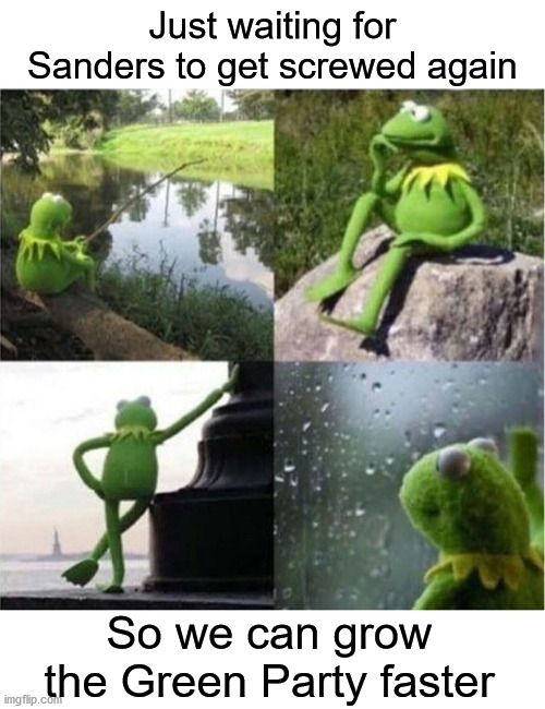 blank kermit waiting | Just waiting for Sanders to get screwed again; So we can grow the Green Party faster | image tagged in blank kermit waiting,green party | made w/ Imgflip meme maker