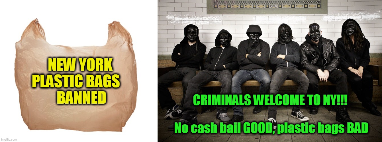 Progressive Priorities & Liberal Lunacy | NEW YORK 

PLASTIC BAGS    
BANNED; CRIMINALS WELCOME TO NY!!!                                  No cash bail GOOD, plastic bags BAD | image tagged in politics,political meme,politics lol,political humor,political,political correctness | made w/ Imgflip meme maker