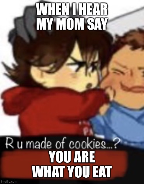 R u made of cookies | WHEN I HEAR MY MOM SAY; YOU ARE WHAT YOU EAT | image tagged in r u made of cookies | made w/ Imgflip meme maker