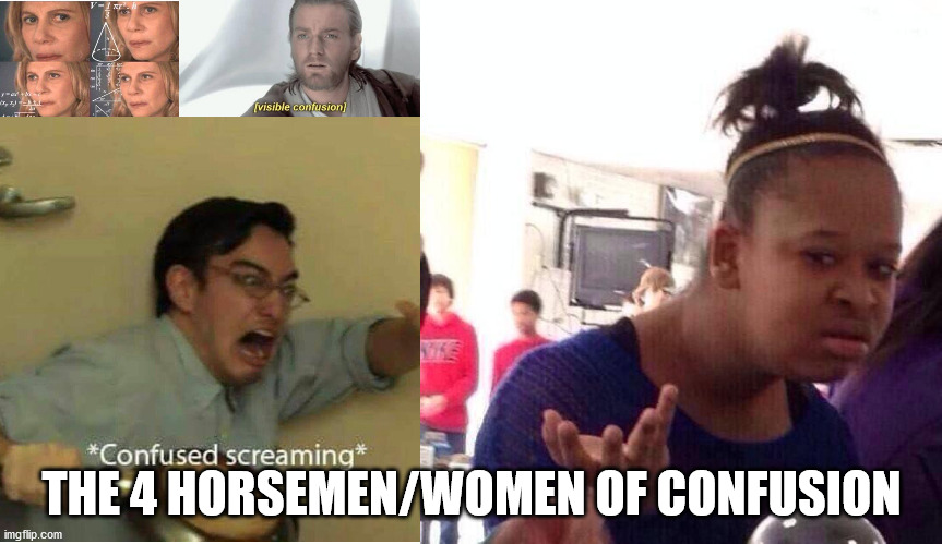  THE 4 HORSEMEN/WOMEN OF CONFUSION | image tagged in memes,black girl wat,math lady/confused lady,confused screaming,visible confusion | made w/ Imgflip meme maker