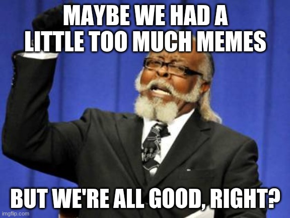 Too Damn High | MAYBE WE HAD A LITTLE TOO MUCH MEMES; BUT WE'RE ALL GOOD, RIGHT? | image tagged in memes,too damn high | made w/ Imgflip meme maker