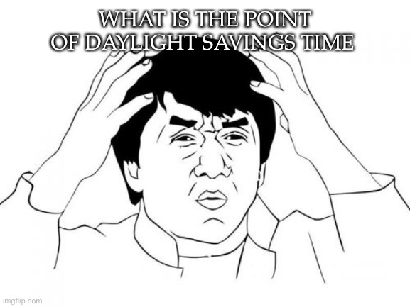 Jackie Chan WTF Meme | WHAT IS THE POINT OF DAYLIGHT SAVINGS TIME | image tagged in memes,jackie chan wtf | made w/ Imgflip meme maker
