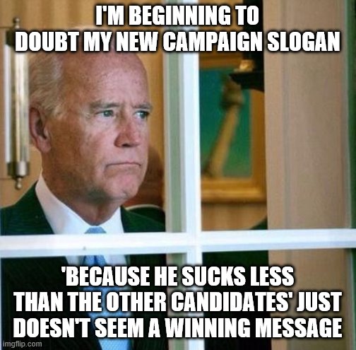Sad Joe Biden | I'M BEGINNING TO DOUBT MY NEW CAMPAIGN SLOGAN; 'BECAUSE HE SUCKS LESS THAN THE OTHER CANDIDATES' JUST DOESN'T SEEM A WINNING MESSAGE | image tagged in sad joe biden | made w/ Imgflip meme maker