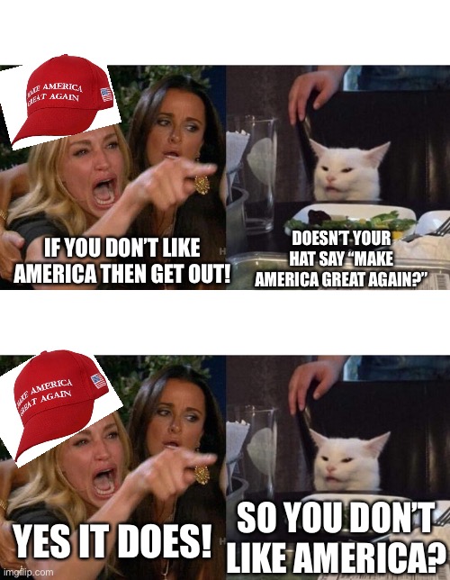 Fun With Logic | DOESN’T YOUR HAT SAY “MAKE AMERICA GREAT AGAIN?”; IF YOU DON’T LIKE AMERICA THEN GET OUT! SO YOU DON’T LIKE AMERICA? YES IT DOES! | image tagged in memes,maga,republican,conservative hypocrisy,meme | made w/ Imgflip meme maker
