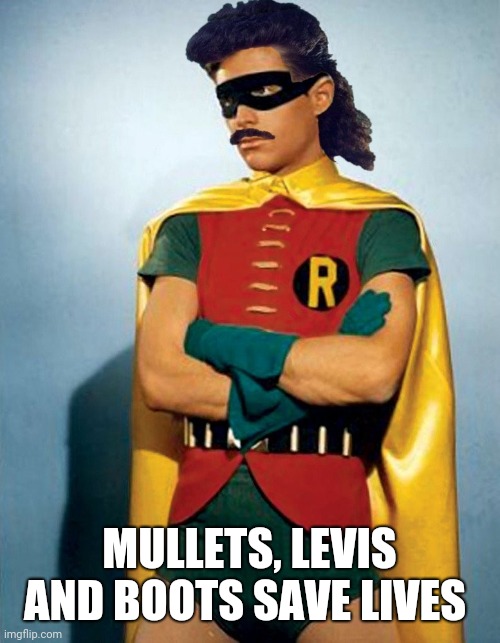 Robin with Mullet & Mustache | MULLETS, LEVIS AND BOOTS SAVE LIVES | image tagged in robin with mullet  mustache | made w/ Imgflip meme maker
