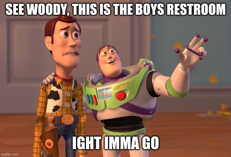 X, X Everywhere | SEE WOODY, THIS IS THE BOYS RESTROOM; IGHT IMMA GO | image tagged in memes,x x everywhere | made w/ Imgflip meme maker