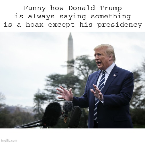Funny how Donald Trump is always saying something is a hoax except his presidency; COVELL BELLAMY III | image tagged in donald trump his presidency a hoax | made w/ Imgflip meme maker