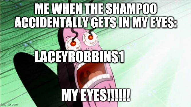 I Wonder If A Tear-Free Shampoo Exists? | ME WHEN THE SHAMPOO ACCIDENTALLY GETS IN MY EYES:; LACEYROBBINS1; MY EYES!!!!!! | image tagged in spongebob my eyes | made w/ Imgflip meme maker