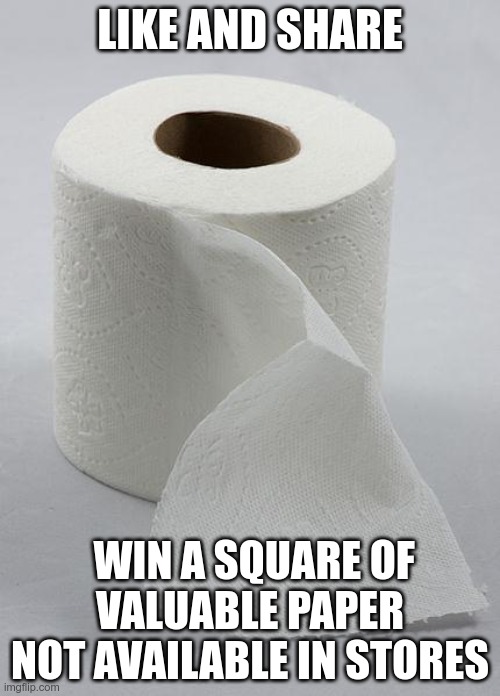 toilet paper | LIKE AND SHARE; WIN A SQUARE OF VALUABLE PAPER
NOT AVAILABLE IN STORES | image tagged in toilet paper | made w/ Imgflip meme maker