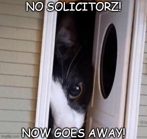 NO SOLICITORZ! NOW GOES AWAY! | image tagged in cats,lolcats,grouchy,soliciting,go away,wrong house | made w/ Imgflip meme maker