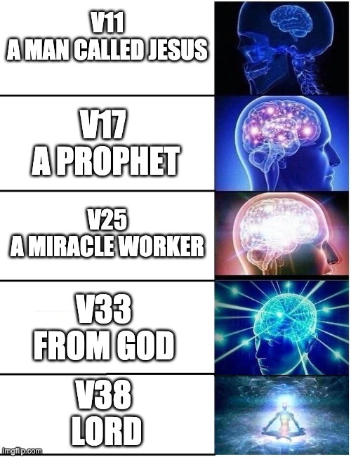 The Blind Man in John 9 | V11
A MAN CALLED JESUS; V17 
A PROPHET; V25
A MIRACLE WORKER; V33
FROM GOD; V38 
LORD | image tagged in expanding brain 5 panel,blind man,jesus | made w/ Imgflip meme maker
