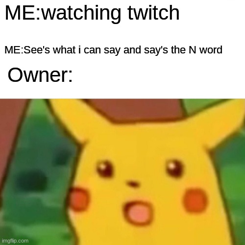Surprised Pikachu | ME:watching twitch; ME:See's what i can say and say's the N word; Owner: | image tagged in memes,surprised pikachu | made w/ Imgflip meme maker