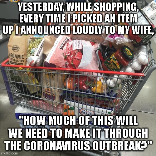 Shopping Cart | YESTERDAY, WHILE SHOPPING, EVERY TIME I PICKED AN ITEM UP I ANNOUNCED LOUDLY TO MY WIFE, "HOW MUCH OF THIS WILL WE NEED TO MAKE IT THROUGH THE CORONAVIRUS OUTBREAK?" | image tagged in shopping cart | made w/ Imgflip meme maker