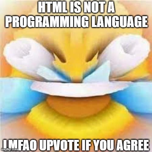Laughing crying emoji with open eyes  | HTML IS NOT A PROGRAMMING LANGUAGE; LMFAO UPVOTE IF YOU AGREE | image tagged in laughing crying emoji with open eyes | made w/ Imgflip meme maker