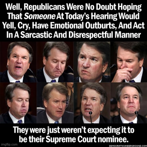 Repost. Kavanaugh's confirmation hearing testimony re: Blasey-Ford was mega ultra extra cringe | image tagged in kavanaugh crybaby,cringe worthy,cringe,sexual assault,brett kavanaugh,christine blasey ford | made w/ Imgflip meme maker