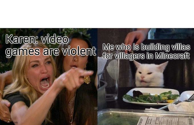 Woman Yelling At Cat Meme | Karen: video games are violent; Me who is building villas for villagers in Minecraft | image tagged in memes,woman yelling at cat | made w/ Imgflip meme maker