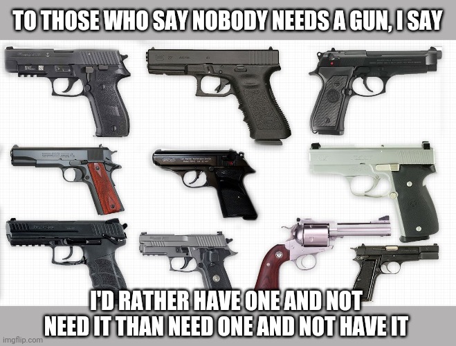 It's a simple philosophy. | TO THOSE WHO SAY NOBODY NEEDS A GUN, I SAY; I'D RATHER HAVE ONE AND NOT NEED IT THAN NEED ONE AND NOT HAVE IT | image tagged in memes,politics,gun control | made w/ Imgflip meme maker