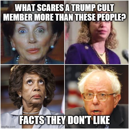 Crazy Democrats | WHAT SCARES A TRUMP CULT MEMBER MORE THAN THESE PEOPLE? FACTS THEY DON'T LIKE | image tagged in crazy democrats | made w/ Imgflip meme maker