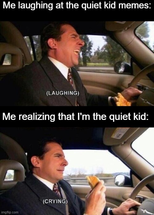 (laughing) (crying) | Me laughing at the quiet kid memes:; Me realizing that I'm the quiet kid: | image tagged in laughing crying,quiet kid,memes | made w/ Imgflip meme maker