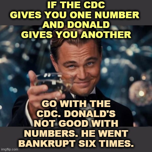 Trump has been undermining the health care professionals for over six weeks now. People will die because of his crazy "hunches." | IF THE CDC GIVES YOU ONE NUMBER 
AND DONALD GIVES YOU ANOTHER; GO WITH THE CDC. DONALD'S NOT GOOD WITH NUMBERS. HE WENT BANKRUPT SIX TIMES. | image tagged in memes,leonardo dicaprio cheers,coronavirus,trump,cdc,crazy | made w/ Imgflip meme maker