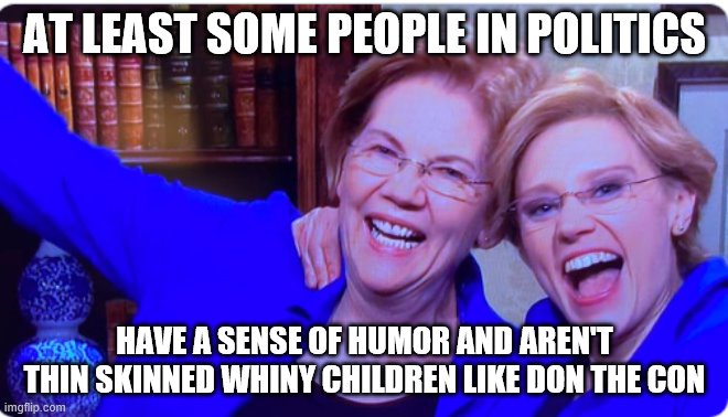 Elizabeth Warren Kate McKinnon SNL | AT LEAST SOME PEOPLE IN POLITICS; HAVE A SENSE OF HUMOR AND AREN'T THIN SKINNED WHINY CHILDREN LIKE DON THE CON | image tagged in elizabeth warren kate mckinnon snl | made w/ Imgflip meme maker