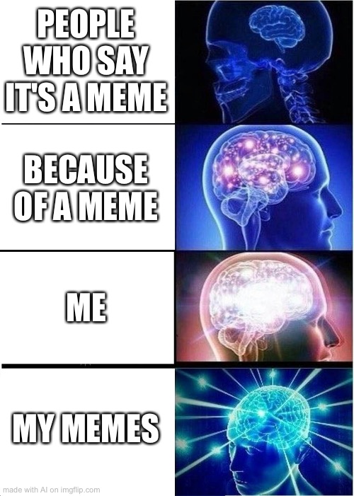 Expanding Brain Meme | PEOPLE WHO SAY IT'S A MEME; BECAUSE OF A MEME; ME; MY MEMES | image tagged in memes,expanding brain | made w/ Imgflip meme maker