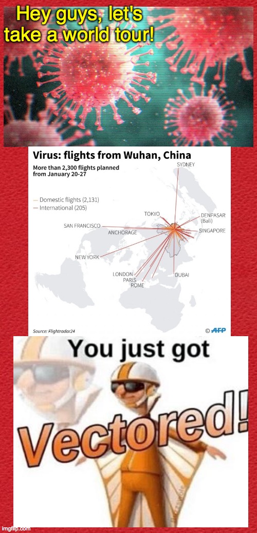 I just flew in from Wuhan and boy are my docking proteins tired! | Hey guys, let's take a world tour! | image tagged in memes,you just got vectored,coronavirus | made w/ Imgflip meme maker