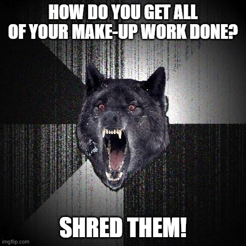 Insanity Wolf | HOW DO YOU GET ALL OF YOUR MAKE-UP WORK DONE? SHRED THEM! | image tagged in memes,insanity wolf | made w/ Imgflip meme maker
