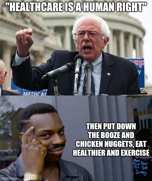 "HEALTHCARE IS A HUMAN RIGHT"; THEN PUT DOWN THE BOOZE AND CHICKEN NUGGETS, EAT HEALTHIER AND EXERCISE | image tagged in bernie sanders,memes,roll safe think about it | made w/ Imgflip meme maker