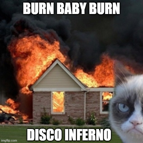 Disaster Grumpy Cat | BURN BABY BURN; DISCO INFERNO | image tagged in disaster grumpy cat,70's,song | made w/ Imgflip meme maker