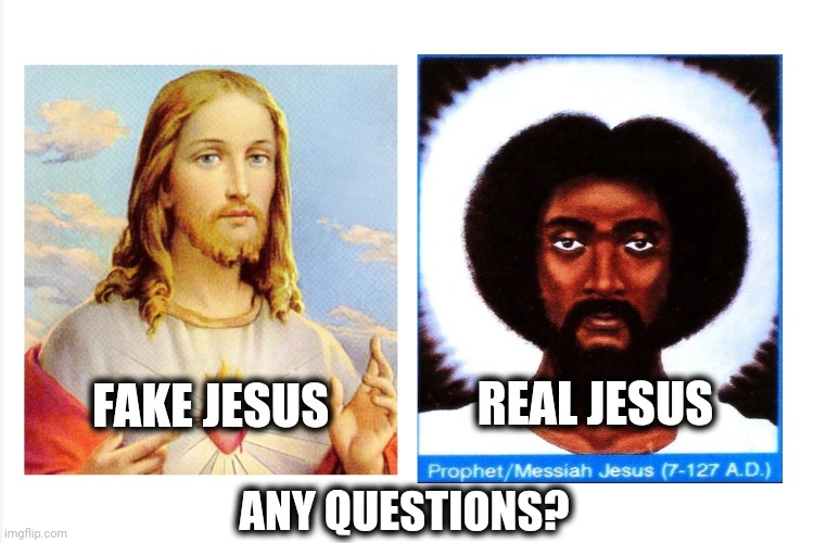 real jesus or fake jesus | FAKE JESUS; REAL JESUS; ANY QUESTIONS? | image tagged in jesus | made w/ Imgflip meme maker