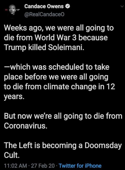Candace Owens: The Left is becoming a Doomsday Cult | image tagged in candace owens,doomsday,zombie apocalypse,apocalypse now,triggered liberal,coronavirus | made w/ Imgflip meme maker