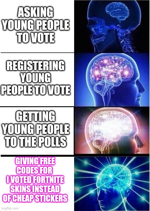 Getting Out The Youth Vote | ASKING YOUNG PEOPLE TO VOTE; REGISTERING YOUNG PEOPLE TO VOTE; GETTING YOUNG PEOPLE TO THE POLLS; GIVING FREE CODES FOR 
I VOTED FORTNITE SKINS INSTEAD OF CHEAP STICKERS | image tagged in memes,expanding brain,fortnite,election 2020 | made w/ Imgflip meme maker