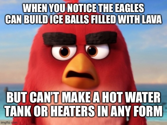 They can build machines but can’t figure out how to melt ice | WHEN YOU NOTICE THE EAGLES CAN BUILD ICE BALLS FILLED WITH LAVA; BUT CAN’T MAKE A HOT WATER TANK OR HEATERS IN ANY FORM | image tagged in angry birds | made w/ Imgflip meme maker
