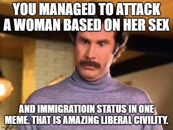 Ron Burgandy - That’s amazing | YOU MANAGED TO ATTACK A WOMAN BASED ON HER SEX AND IMMIGRATIOIN STATUS IN ONE MEME. THAT IS AMAZING LIBERAL CIVILITY. | image tagged in ron burgandy - thats amazing | made w/ Imgflip meme maker