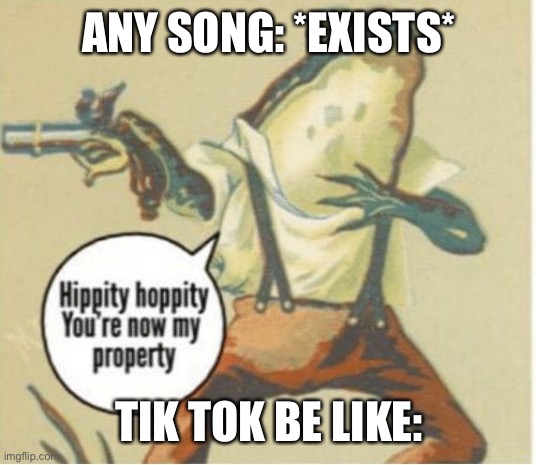 Hippity hoppity, you're now my property | ANY SONG: *EXISTS*; TIK TOK BE LIKE: | image tagged in hippity hoppity you're now my property | made w/ Imgflip meme maker
