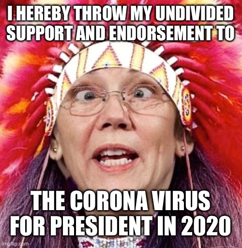 Elizabeth Warren | I HEREBY THROW MY UNDIVIDED SUPPORT AND ENDORSEMENT TO; THE CORONA VIRUS FOR PRESIDENT IN 2020 | image tagged in elizabeth warren | made w/ Imgflip meme maker