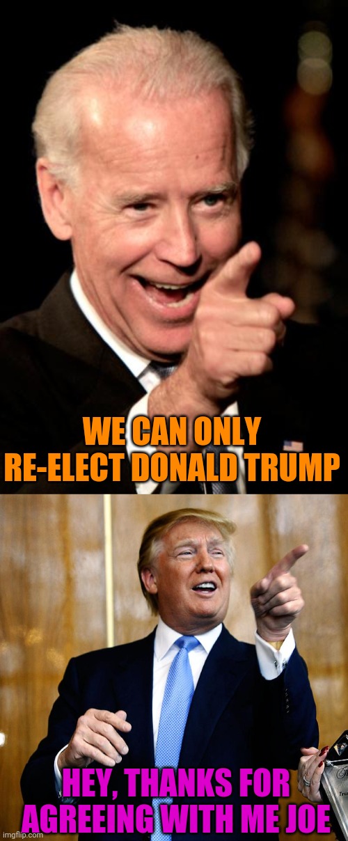 Yes, Biden Actually Said This | WE CAN ONLY RE-ELECT DONALD TRUMP; HEY, THANKS FOR AGREEING WITH ME JOE | image tagged in memes,smilin biden,donal trump birthday,election 2020,funny,politics | made w/ Imgflip meme maker