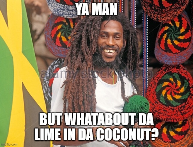 Rasta Man  | YA MAN BUT WHATABOUT DA LIME IN DA COCONUT? | image tagged in rasta man | made w/ Imgflip meme maker