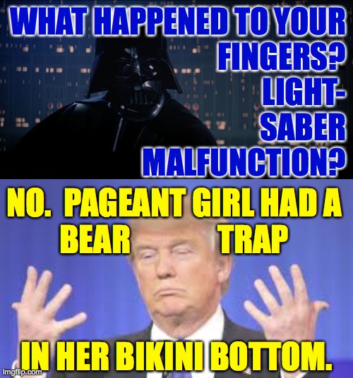 And that's how Trump's digits first got rounded down  ( : | WHAT HAPPENED TO YOUR
FINGERS?
LIGHT-
SABER
MALFUNCTION? NO.  PAGEANT GIRL HAD A
BEAR              TRAP; IN HER BIKINI BOTTOM. | image tagged in memes,bear trap,short-handed trump,tragic | made w/ Imgflip meme maker
