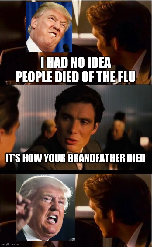 Inception | I HAD NO IDEA PEOPLE DIED OF THE FLU; IT'S HOW YOUR GRANDFATHER DIED | image tagged in memes,inception | made w/ Imgflip meme maker