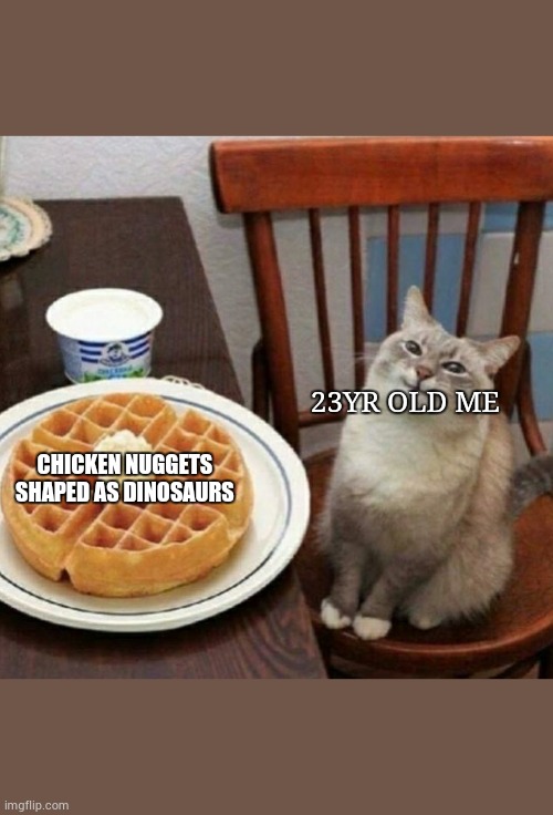 Cat likes their waffle | 23YR OLD ME; CHICKEN NUGGETS SHAPED AS DINOSAURS | image tagged in cat likes their waffle | made w/ Imgflip meme maker