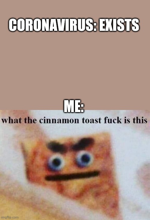 what the cinnamon toast f^%$ is this | CORONAVIRUS: EXISTS; ME: | image tagged in what the cinnamon toast f is this | made w/ Imgflip meme maker